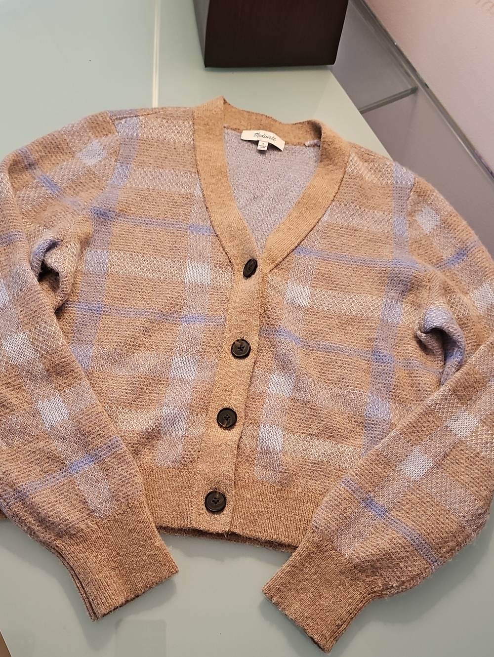 Madewell Tan & Light Blue Plaid V-Neck Button Cardigan Worn Once